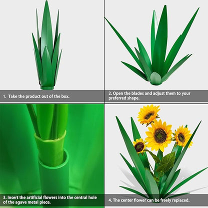 DDQ Metal Agave Plant Outdoor Decor with Artificial Flowers, Mexican Style Garden Sculpture, Waterproof Yard Art for Patio Lawn, Multiple Flower Options (Green Agave + Sunflower/Red/Yellow/Purple)