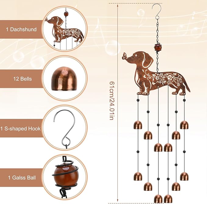 Dachshund Wind Chime for Outside, Dachshund Gifts for Women Men, Metal Memorial Gift for Dog Lovers, Outdoor Garden Patio Decor