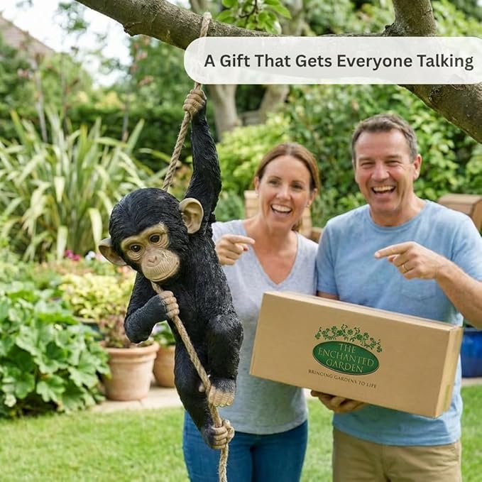 Hanging Monkey Outdoor Decor, Resin Statue on Rope for Front Porch, Patio, Yard, Tree Fence, Garden Ornament, Animal Decoration for Outside Spaces, 21.7 in