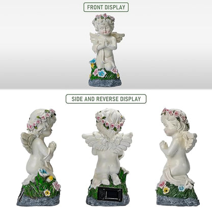 Solar Powered Angel Statue for Garden, Outdoor Spiritual Decorations for Patio Lawn Cemetery, Illuminated Seraphim Figurine with Warm Light, Gift for Women Religious Faith Ornament, Rustproof Resin