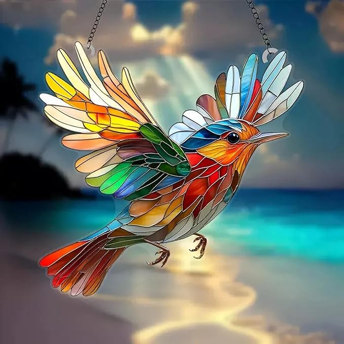 7.8inch Stain Glass Sun Catcher Window Hanging Bird Suncatchers with Metal Chain，Hummingbird Suncatcher Double Side Window Ornament Decoration Indoor Outdoor Ornament for Garden Home Housewarming Gift