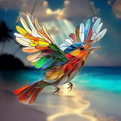 7.8inch Stain Glass Sun Catcher Window Hanging Bird Suncatchers with Metal Chain，Hummingbird Suncatcher Double Side Window Ornament Decoration Indoor Outdoor Ornament for Garden Home Housewarming Gift