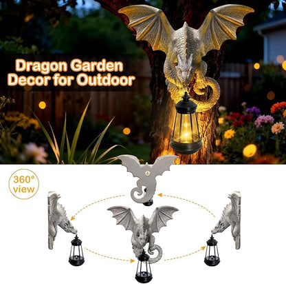 Dragon Tree Hugger Garden Statue - Resin Dragon Figurine Wall Hanger Sculptures Decor with Solar Lantern Lights, Outdoor Waterproof for Balcony Wall Porch Yard, Gifts for Mom Women Mother's Day