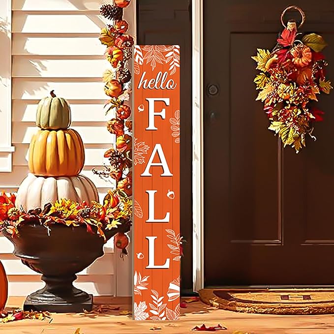 Hello Fall Porch Sign Autumn Leaves Wooden Welcome Sign Vertical Fall Hanging Signs For Standing Front Porch Decor Rustic Wall Decor Home Farmhouse Yard Door Fall Decorations 47.2"H