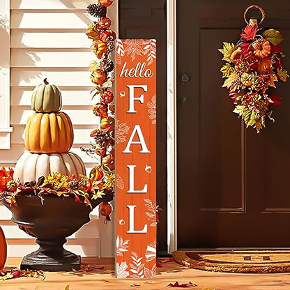 Hello Fall Porch Sign Autumn Leaves Wooden Welcome Sign Vertical Fall Hanging Signs For Standing Front Porch Decor Rustic Wall Decor Home Farmhouse Yard Door Fall Decorations 47.2"H