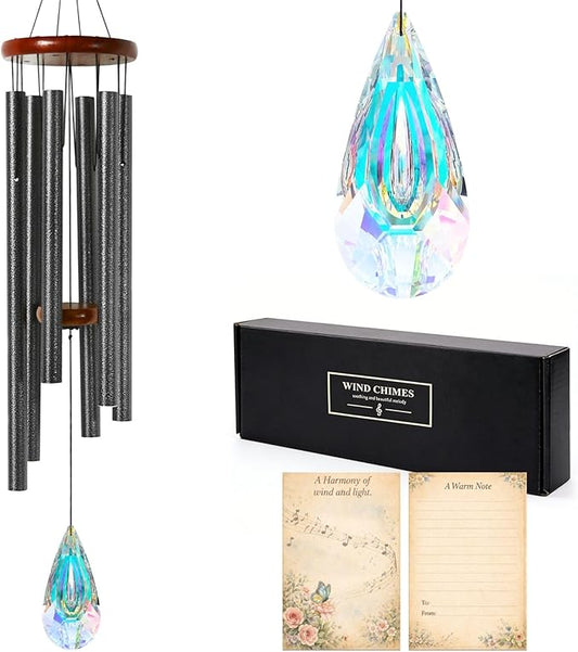 2in1 Design Luxury Wind Chimes & Suncatcher for Outside Deep Tone Wind Chime with Wooden Top Sun Catcher Prism for Window Porch Patio Decor Mother's Day wind chimes for Mom Sister Grandma Garden Gifts
