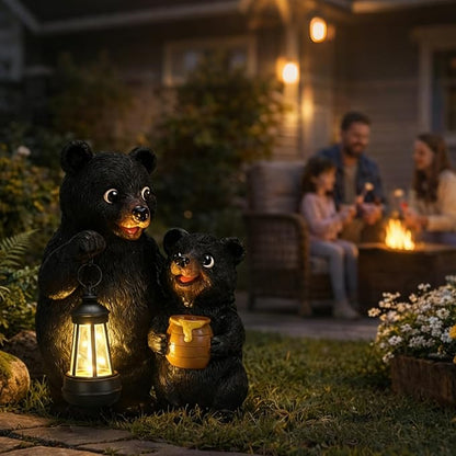 Lavezee Garden Bear Statues, Mother and Baby Bear Figurines with Solar Lantern for Outdoor Porch Yard Lawn, Unique Bear Gifts for Mom Grandma Women