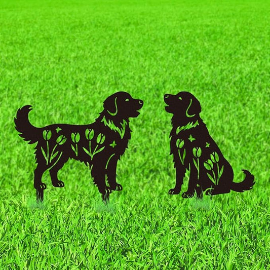 WADORN 2Pcs Golden Retriever Metal Decorative Garden Stakes, Retriever Dog Silhouette Metal Outdoor Statues Flowers Garden Ornament Gifts Black Yard Art Decorations for Outdoor Patio Backyard Walkway
