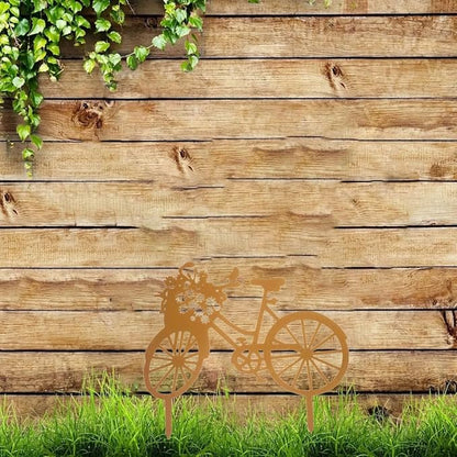 Yard Art Garden Metal Statue Decor,Lifelike Bicycle Stakes Outdoor Decorations,Black Hollow Out Iron Silhouette Sets for Farmhouse Pathway Lawn (Rust)