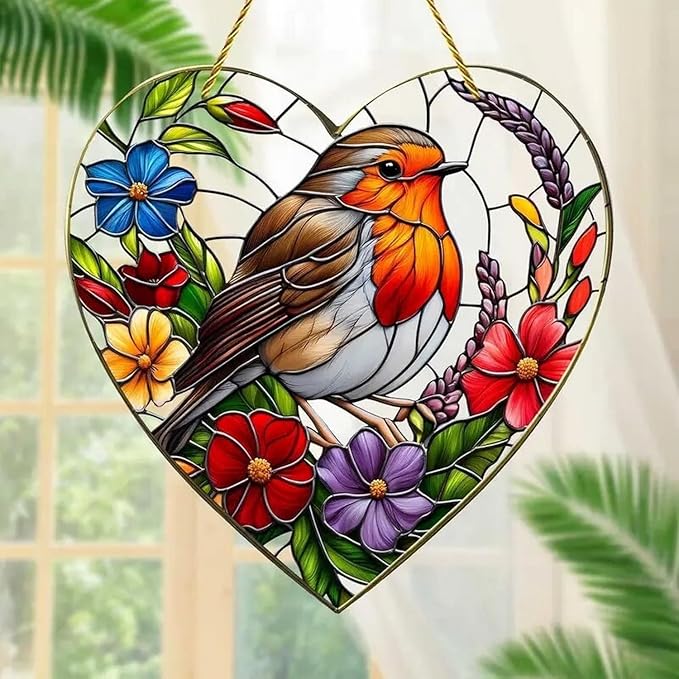 1pcs Valentine Heart Suncatcher Ornament Spring Window Suncatchers with Bird Flower Designs Acrylic Suncatchers Hanging Ornaments for Garden Decor，Housewarming Women Decor Gifts