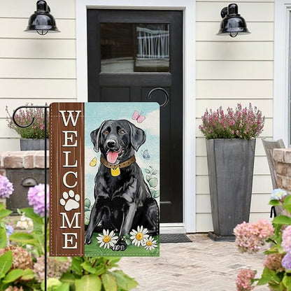 Dyrenson Welcome Black Labrador Dog Decorative Garden Flag, Paw Print Yard Outside Home Decorations Pet Lover Gifts, Spring Summer Burlap Outdoor Small Decor Double Sided 12 x 18