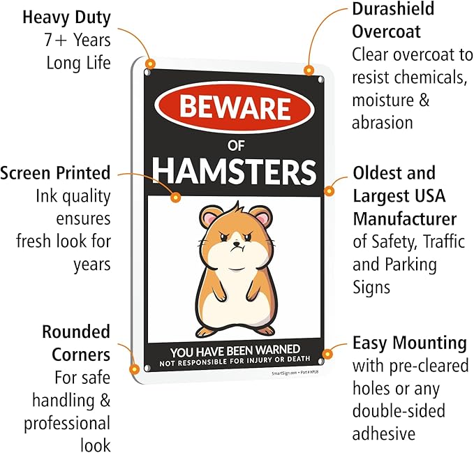 SmartSign Funny Beware Of Hamsters Warning Sign - 10"x7", 40 mil Laminated Rust-free Aluminum - Metal Signs for Wall Decor, Outdoors, Patio, Gifts, Cafe, Bar, Kitchen - Hamsters Theme, Made in USA