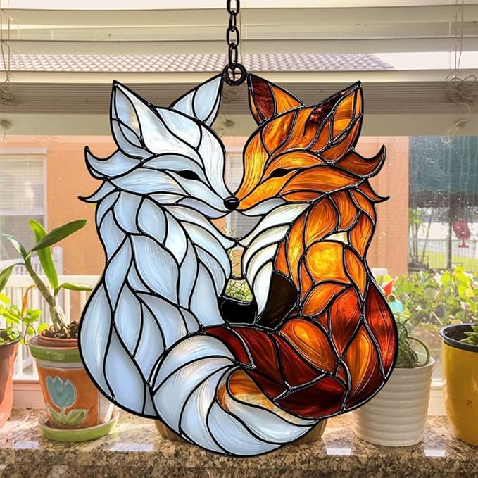 Cute Loving Couple Foxes Acrylic Suncatcher Stained Glass Effect Window Car Hanging Christmas Ornament Indoor Outdoor Decor Garden Sun Catcher Panel for Fox Lover for Women Mom Grandma