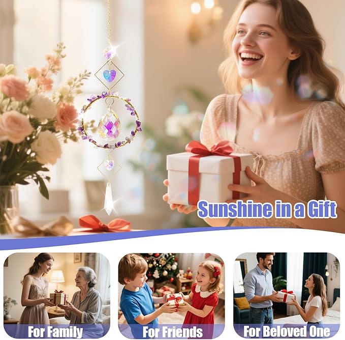 Crystal Wind Chimes Suncatcher, Window Prism Hanging Decor with Rainbow Maker Feature, Metal Frame Crystal Design for Indoor Outdoor Spaces, Home Garden Gifts Idea
