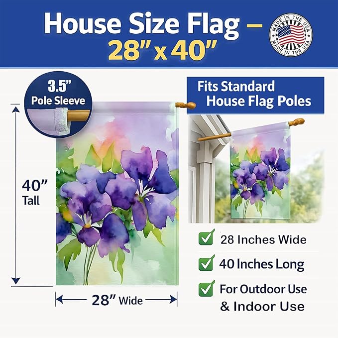 Caroline's Treasures New Jersey Violet in Watercolor House Flag Large Porch Sleeve Pole Decorative Outside Yard Banner Artwork Wall Hanging, Polyester, House Size, Multicolor