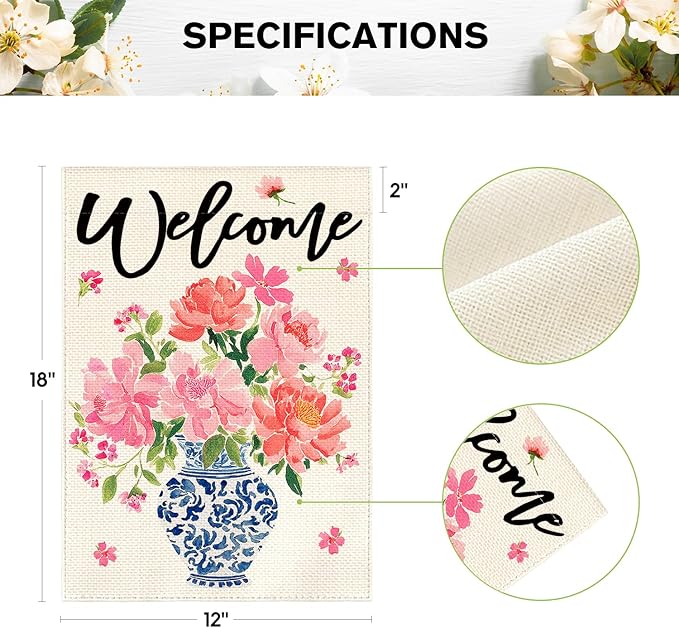 AVOIN colorlife Pink Peony Spring Floral Garden Flag 12x18 Inch Double Sided Outside, Blue and White Chinoiserie Seasonal Welcome Yard Outdoor Flag