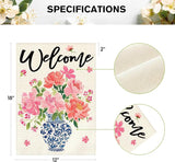 AVOIN colorlife Pink Peony Spring Floral Garden Flag 12x18 Inch Double Sided Outside, Blue and White Chinoiserie Seasonal Welcome Yard Outdoor Flag