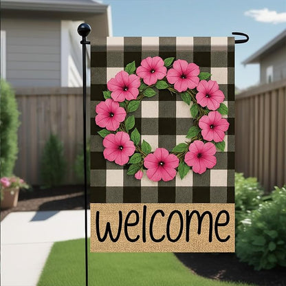 Buffalo Plaid Welcome Wreath Garden Flag Pink Petunia Flower Flag 12×18 Inch Double Sided Spring Outdoor Decor Welcome for Porch Patio Lawn Yard Farmhouse Seasonal Outside