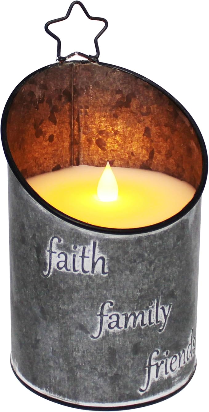 CVHOMEDECO. Vintage Galvanized Can Flameless LED Candle, Real Wax in Antique Galvanized Jar FFF Flickering Candle with Remote Control for Tabletop Wall Decor. H 8 Inch, Gray