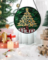 Stained Glass Window Hanging - Gold Green Christmas Tree Suncatcher for Doors Home Christmas Decoration Winter Sun Catcher Thanksgiving New Year Birthday Gifts for Women Men Mom Nana 11.8 in