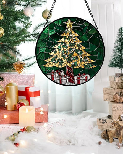 Stained Glass Window Hanging - Gold Green Christmas Tree Suncatcher for Doors Home Christmas Decoration Winter Sun Catcher Thanksgiving New Year Birthday Gifts for Women Men Mom Nana 6.3 in