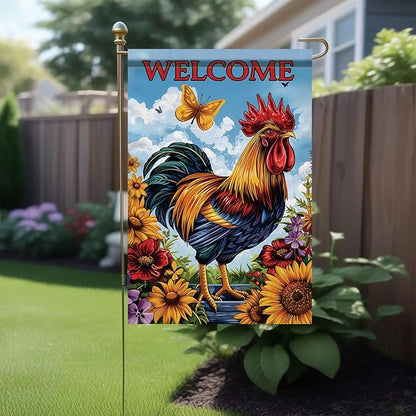 Spring Summer Garden Flag 12x18 Inch Colorful Rooster Welcome Floral Farm Animal Design Outdoor Yard Porch Lawn Garden for Seasonal Farmhouse Country Home Decor