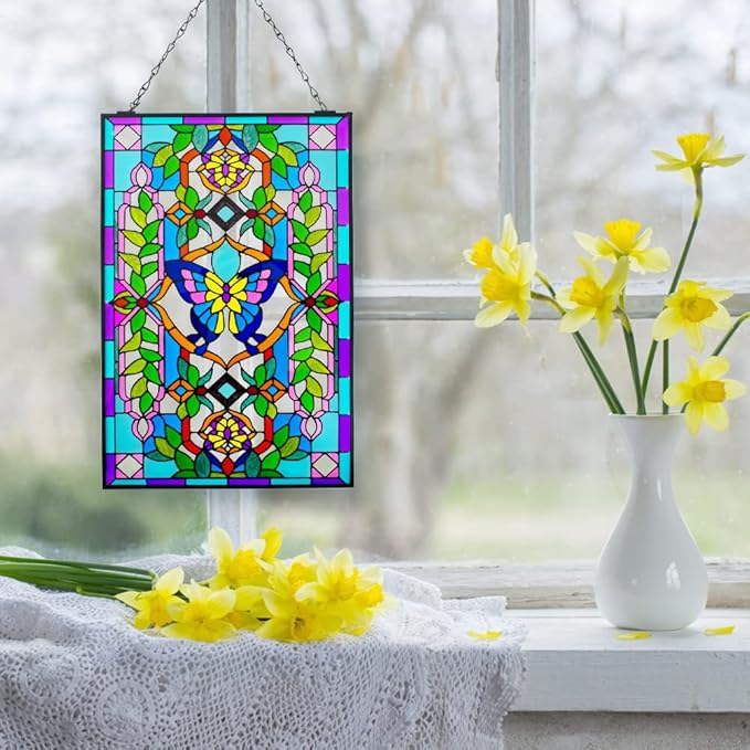 Viveta Butterfly Stained Glass Window Hangings, 10" W x 15" H Suncatcher Panel Windows Wall Decor with Metal Frame & Chain