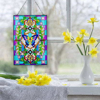 Viveta Butterfly Stained Glass Window Hangings, 10" W x 15" H Suncatcher Panel Windows Wall Decor with Metal Frame & Chain