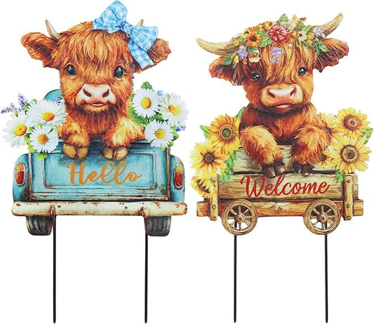 hogardeck Garden Decor for Outside, Set of 2 Metal Highland Cow Decorative Garden Stakes with Sunflower for Yard Decor, Welcome Sign Yard Art for Outdoor Lawn Porch Backyard Spring Decorations
