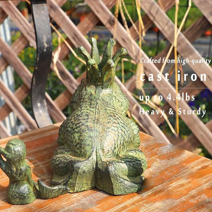 Cast Iron Frog Garden Statue Decor, Frog Pond Sitter Figurine, Frog Sculpture 6.3inches with Crown for Patio, Frog Garden Accent, Cute Outside Ornament, Heavy Duty Weights 4.4lbs