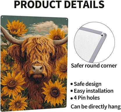 Pastoral Highland Cattle Metal Poster Wall Art, 12X16 Inch Metal Sign Depicting Shaggy Scottish Cow.Vintage Colors Aesthetics,Vibrant Design,Gift Ideal For Farm Life Lovers