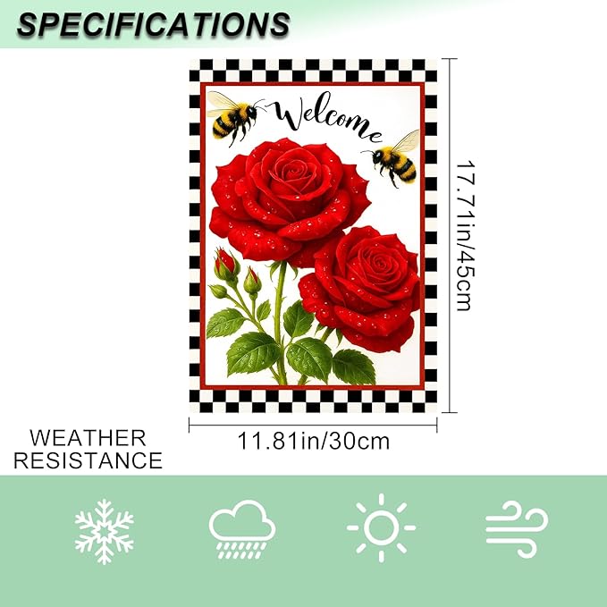 IVN Welcome Garden Flag 12x18 Inch Double Sided Spring Summer Garden Yard Flags Red Rose Flowers Bees Decorative Small Flags for Outdoor Seasonal Front Door Lawn Porch Patio Decor Yard Flag