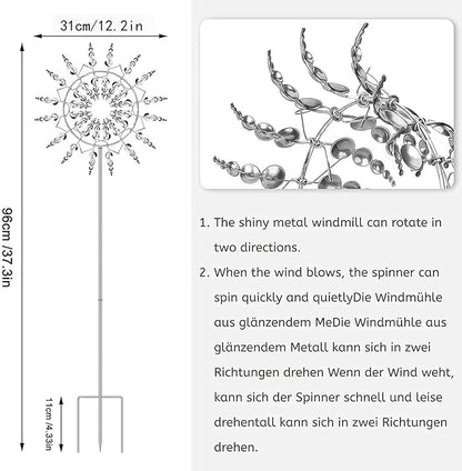 Magical Metal Windmill, Stainless Steel Windmill,Kinetic Metal Wind Spinners Garden Stake, 3D Wind Sculptures Move with The Wind Lawn Solar Wind Catcher Outdoor Patio Garden Decoration (SILVER-1PCS)