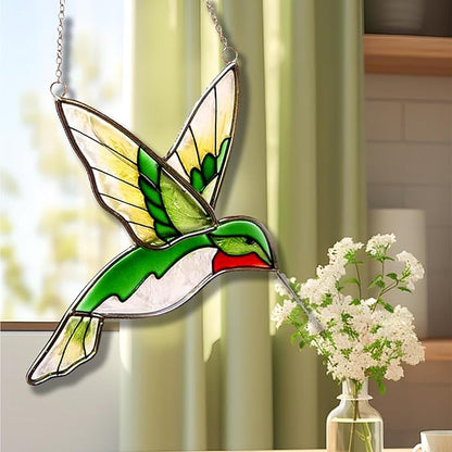 Hummingbird Stained Glass Window Hanging Light Catchers Home Decor Handmade Ruby Throated Bird Sun Catchers Indoor Window Ornament Hummingbird Gifts for Women & Mom Bird Lovers