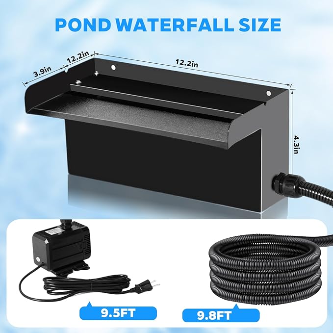 Upgraded Outdoor Pond Waterfall Kit with 50W Pump - 825 GPH Water Flow, 12.2 Inch Adjustable Waterfall Spillway & Extra Long Hose for Garden Ponds, Backyard Water Features (foundation)