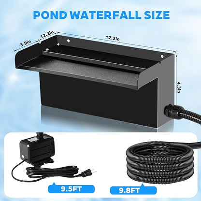 Upgraded Outdoor Pond Waterfall Kit with 50W Pump - 825 GPH Water Flow, 12.2 Inch Adjustable Waterfall Spillway & Extra Long Hose for Garden Ponds, Backyard Water Features (foundation)