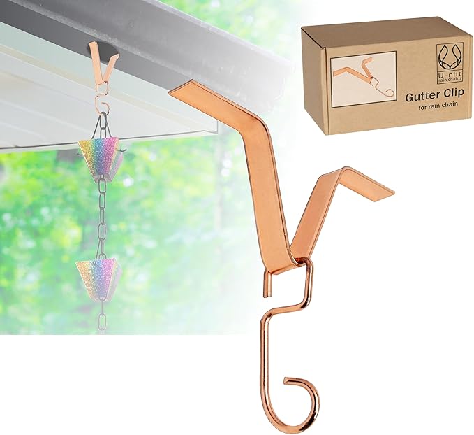 U-nitt Gutter Clip for Rain Chain Installation DIY | Gutter Adapter for Roof Downspout Chain | Water Collection | Copper Plated, Heavy Metal, 6 X 5 inches, Adjustable, Fits 2 in Gutter Hole