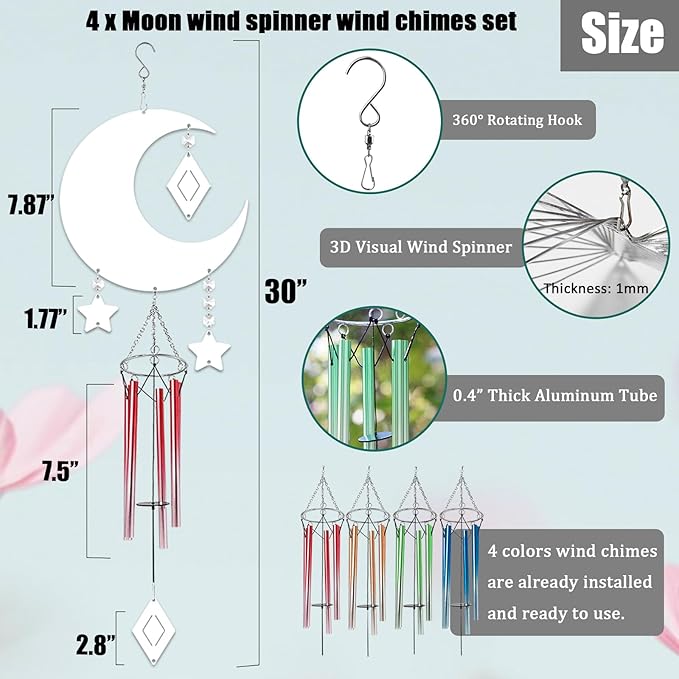 4 Packs Sublimation Wind Chime Wind Spinner Blanks Set 3D Aluminum Metal Wind Sculpture Kinetic Spinners Chimes for Yard and Garden Indoor Hanging Decoration (Moon)