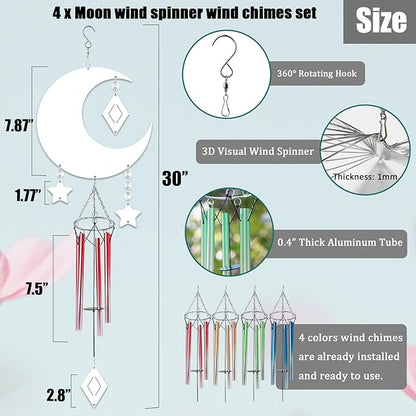 4 Packs Sublimation Wind Chime Wind Spinner Blanks Set 3D Aluminum Metal Wind Sculpture Kinetic Spinners Chimes for Yard and Garden Indoor Hanging Decoration (Moon)