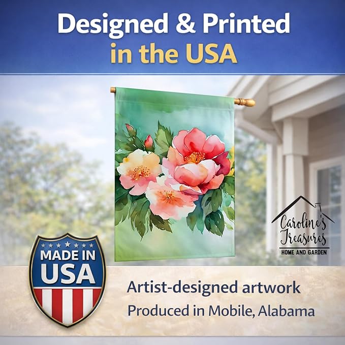 Caroline's Treasures Georgia Cherokee Rose in Watercolor House Flag Large Porch Sleeve Pole Decorative Outside Yard Banner Artwork Wall Hanging, Polyester, House Size, Multicolor