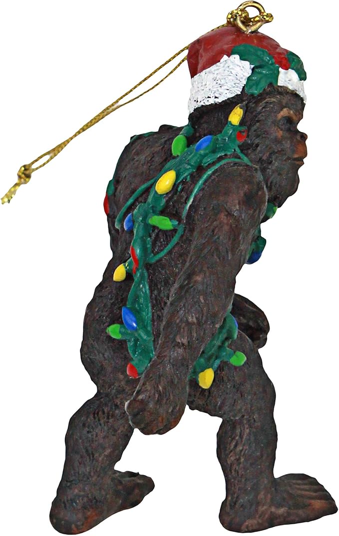 Design toscano yeti with santa hat funny christmas tree ornament, 2 inches wide, 1 inches deep, 3 inches high, brown bigfoot the holiday yetti