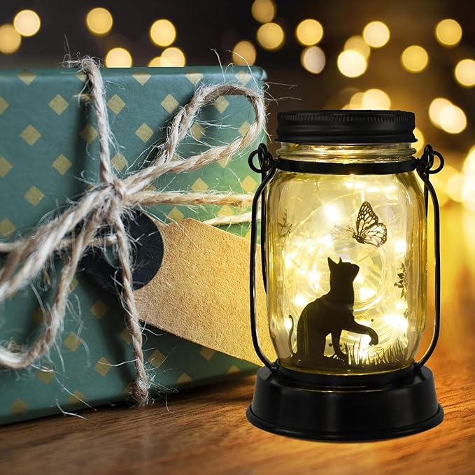 Cat Lover Gifts for Mom/Grandma/Women/Sister Cat Butterfly Solar Light Gifts Mother Day Gift Solar Lanterns Outdoor Waterproof Fairy Lights Led Mason Jar Hanging Cat Lamps Decor for Garden Yard Torche