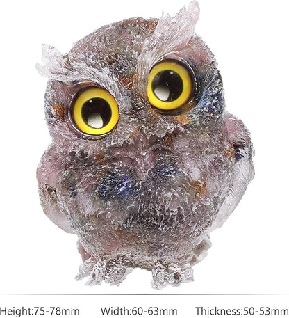 Nupuyai 3 inches Orgone Resin Crystal Chips Tumbled Stone Owl Statue, Mini Hand Carved Stone Crystal Animal Figurines for Tabletop Indoor Outdoor, Colorful Mixed Stones