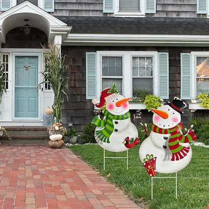 Outdoor Christmas Decorations,2 Pack Snowman Garden Stakes Decoration, Metal Holiday Yard Art, Winter Outdoor Decor, Metal Garden Lawn Decor for Xmas Pathway Patio