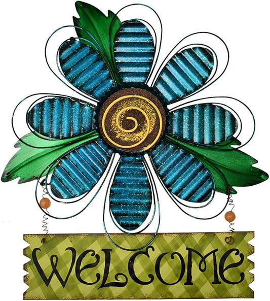 Hanging Welcome Sign Metal Flower Signs Wreath Decor Decorative Door Hanger Indoor Outdoor Spring Decoration for Porch Wall Front Door (Blue)