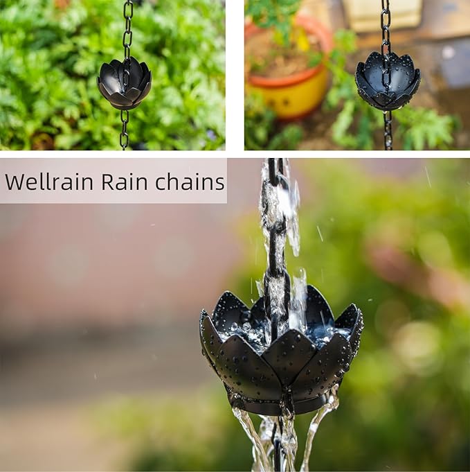 Rain Chain for Gutters Outside 8.5ft Downspout Replacement with 12 Cups Heavy-Duty Black Metal Rain Catcher Divert Rainwater for Gardens Patios & Home Decor Adjustable Easy Install