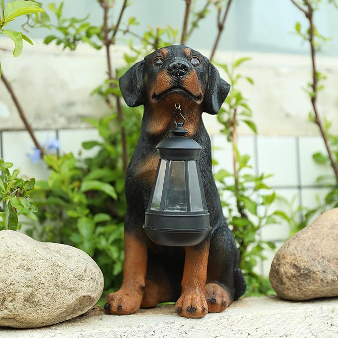 Garden Dog Statues Outdoor Decor, 13" Solar Powered LED Lights Outdoor Statue Garden Decorations Rottweiler Figurine for Patio, Lawn, Yard Decor, Valentines Day Gifts, Housewarming Garden Gift