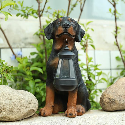 Garden Dog Statues Outdoor Decor, 13" Solar Powered LED Lights Outdoor Statue Garden Decorations Rottweiler Figurine for Patio, Lawn, Yard Decor, Valentines Day Gifts, Housewarming Garden Gift