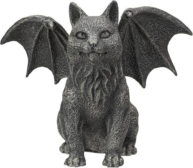 6.75” Faux Stone Gothic Winged Gargoyle Cat Fantasy Garden Charcoal Grey Textured Statue