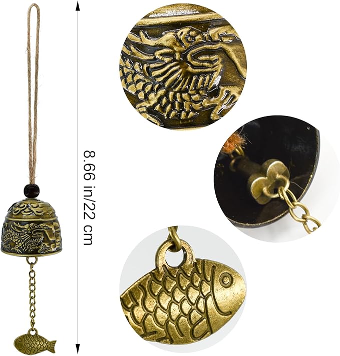 MrMrKura 4 Pcs Vintage Dragon Fengshui Bell, Brass Bless Wind Chimes for Outside Hanging Bell for Good Luck Home Garden Patio Indoor Outdoor Decor